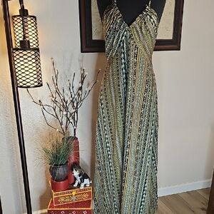 Maxi Sundress Black Green & Orange with Spaghetti Straps Size Med.